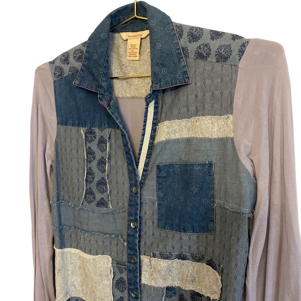 Sundance Button Down Patch Work Top Shirt Rollup … - image 2